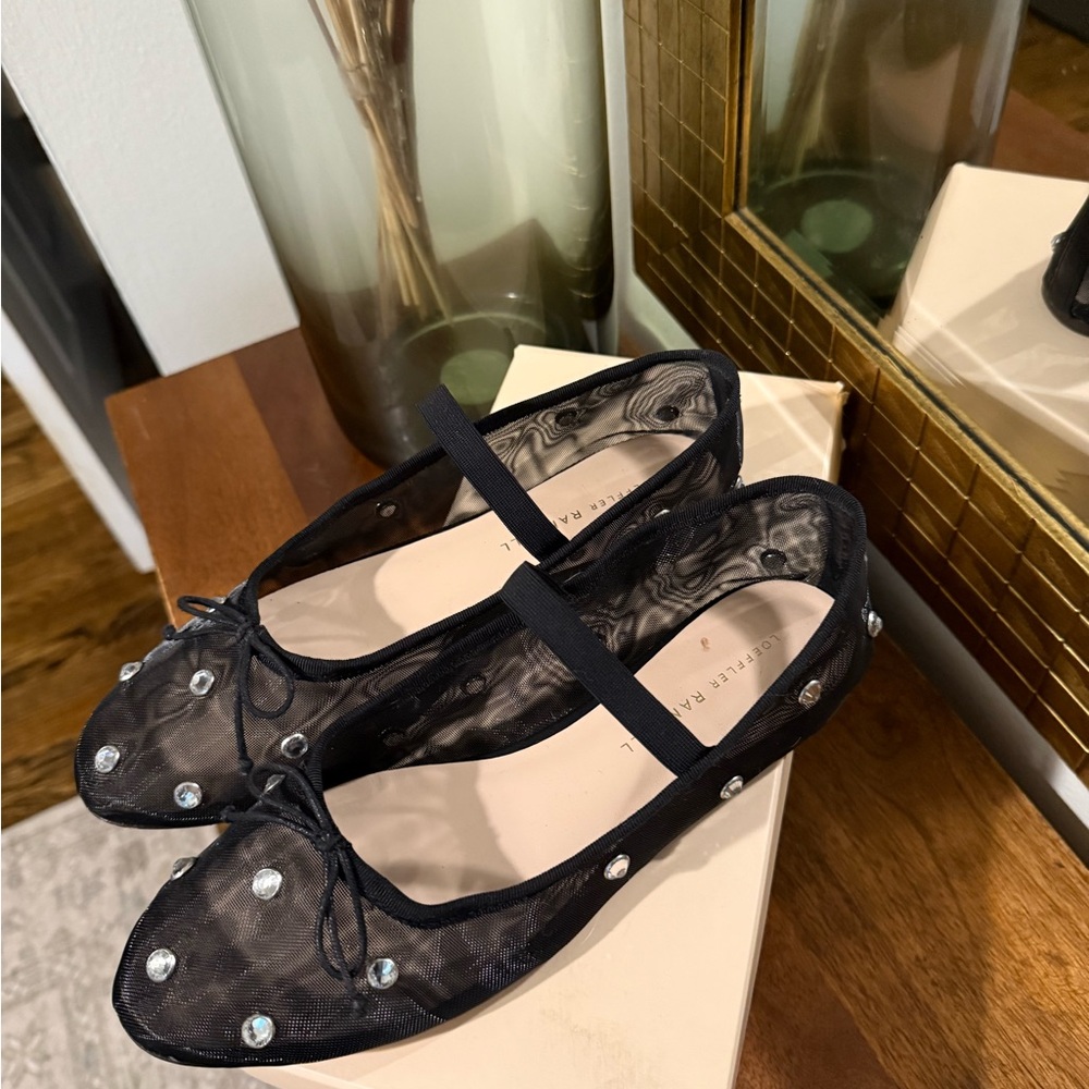Soft ballet flat in black mesh,clear rhinestones, an elastic bridge strap
